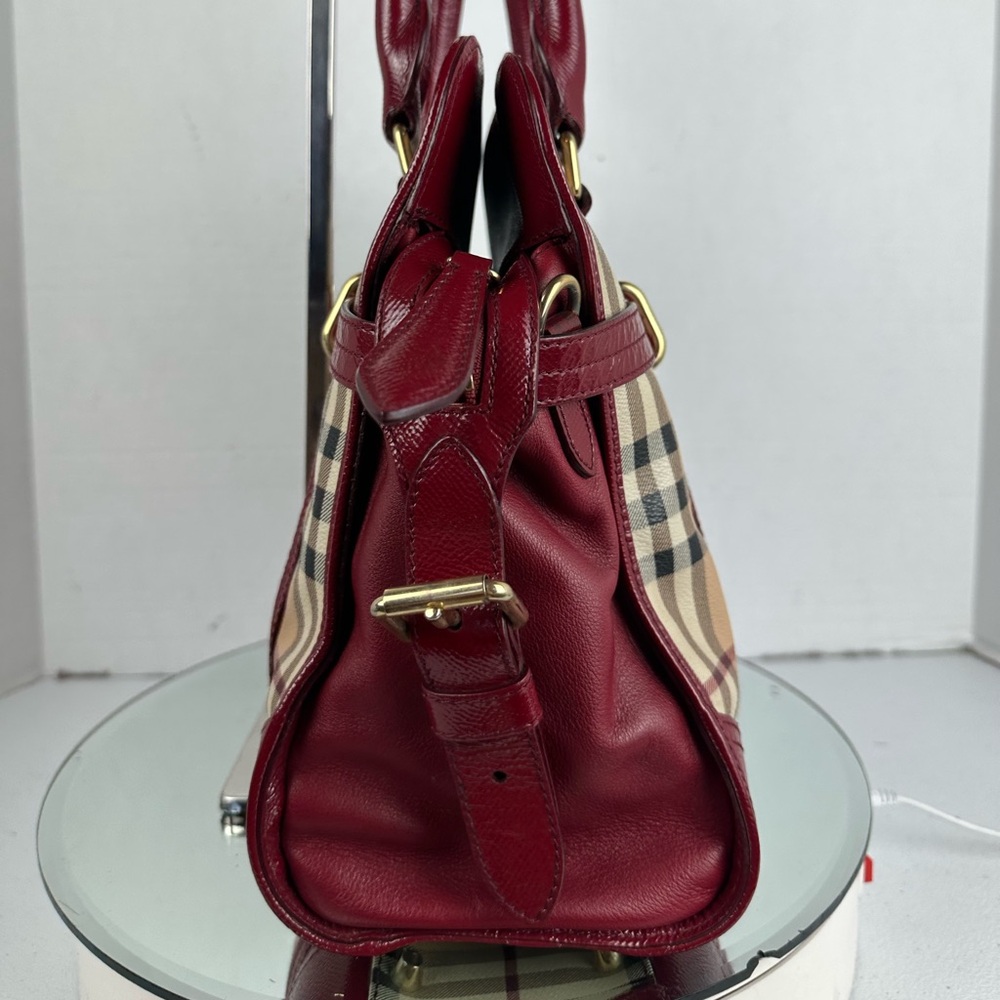 Heritage Plaid Satchel Handbag in Burgundy and Beige - Picture 4 of 11